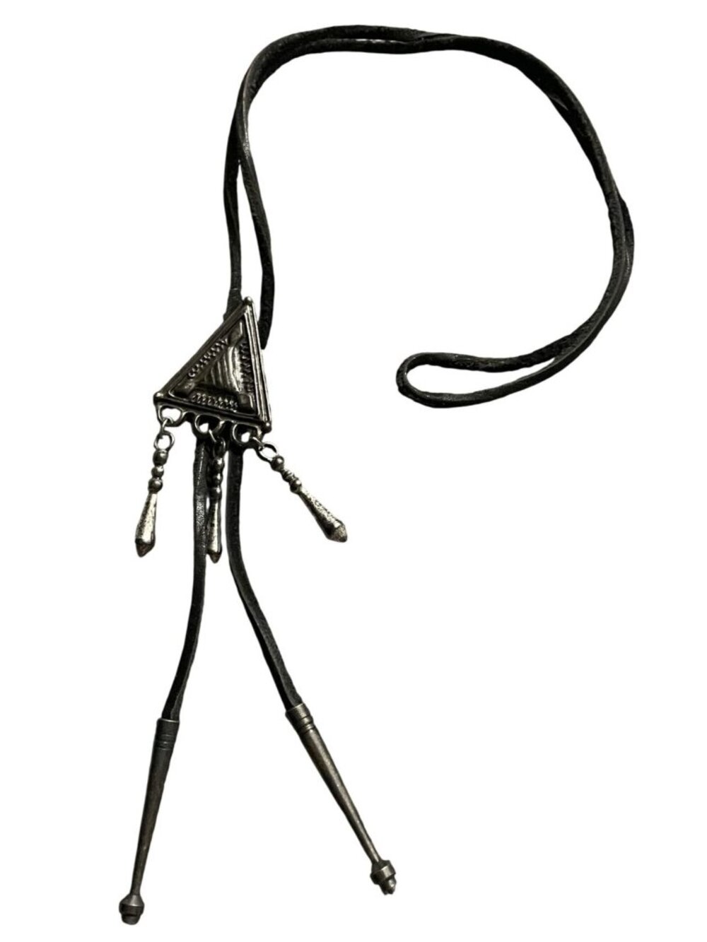 Vintage Leather Bolo Tie With Silver Triangle Pendant And Dangling Accents